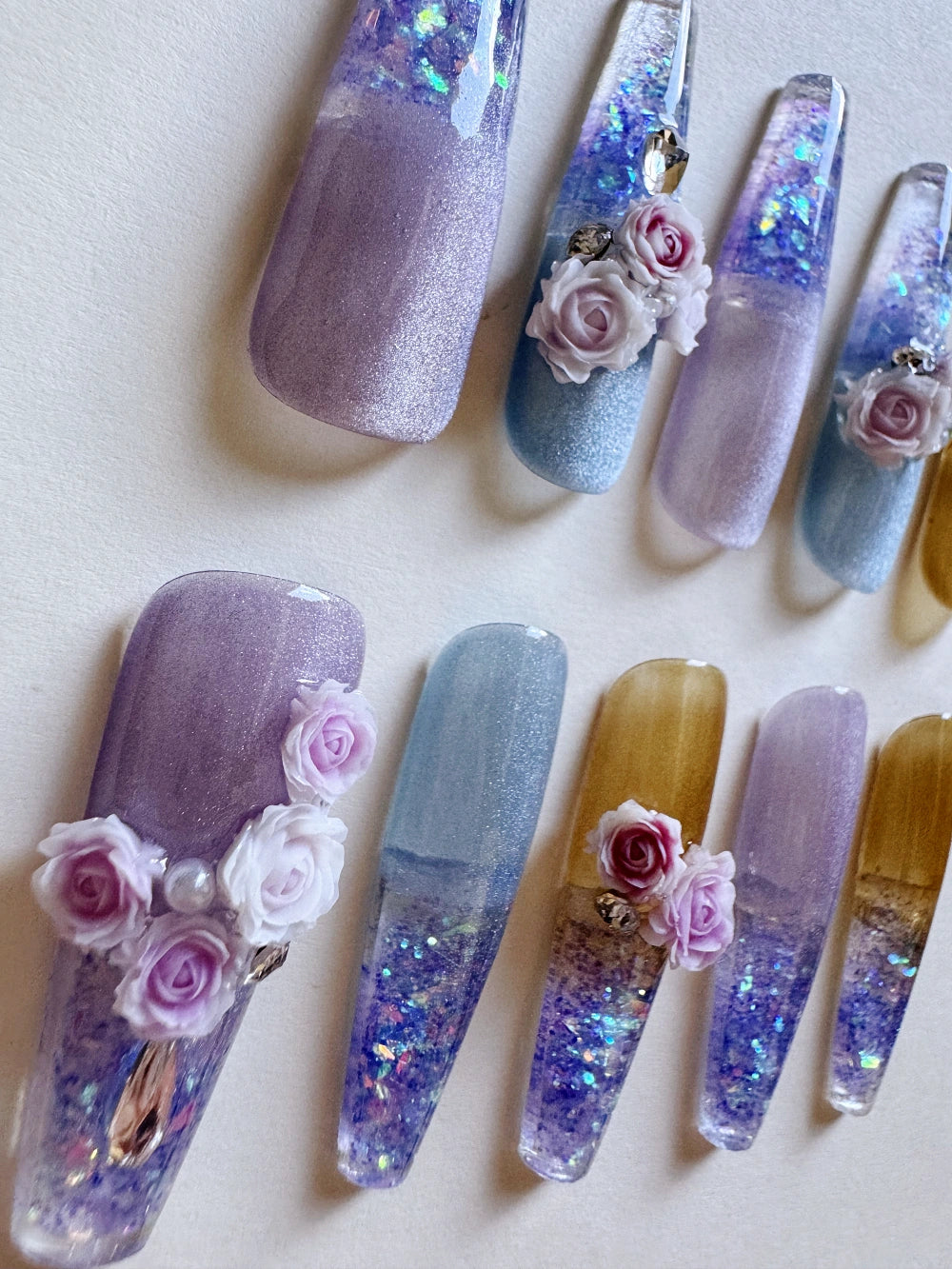 Hand Drawn Elaborate Cool Purple Glittering Cat Eye Flowing Sand Nail Art