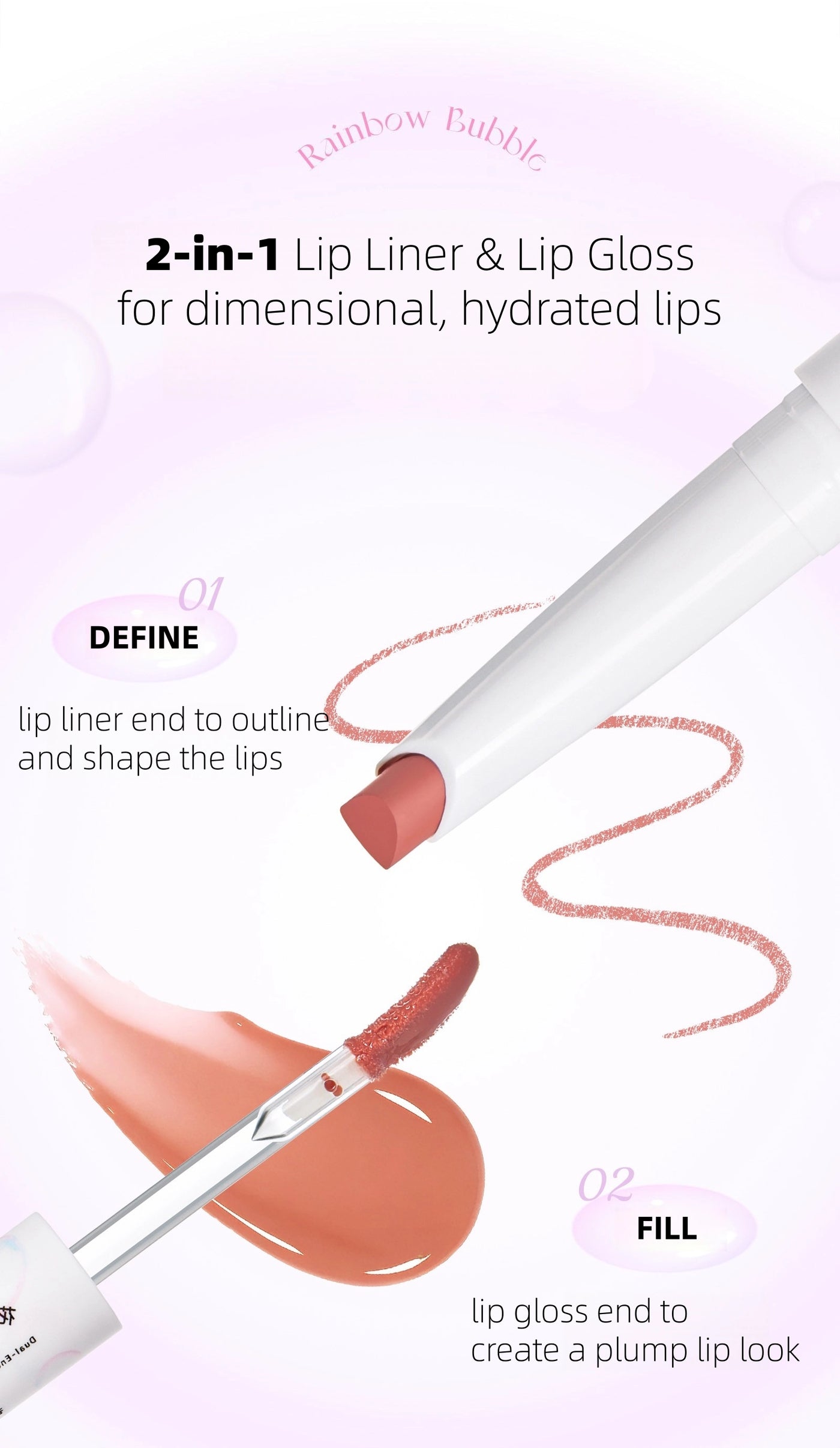 Flortte - Rainbow Bubble Double-Ended Lip Liner n Lip Gloss Pencil 2.8g