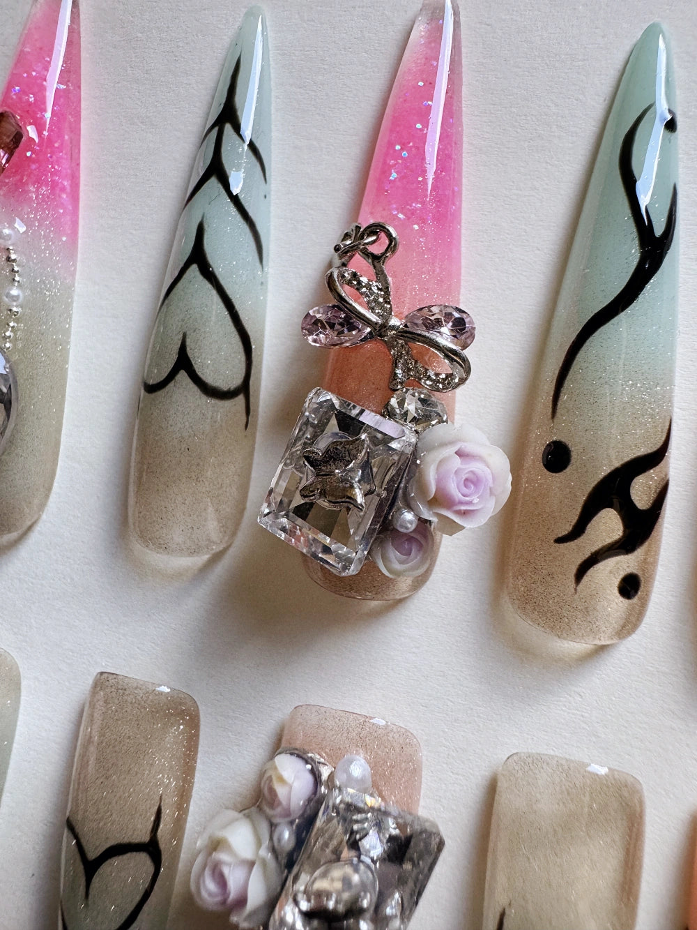 Summer Darling Hand Drawn Cat Eye Gradient Glittering Flowing Sand Nail Art